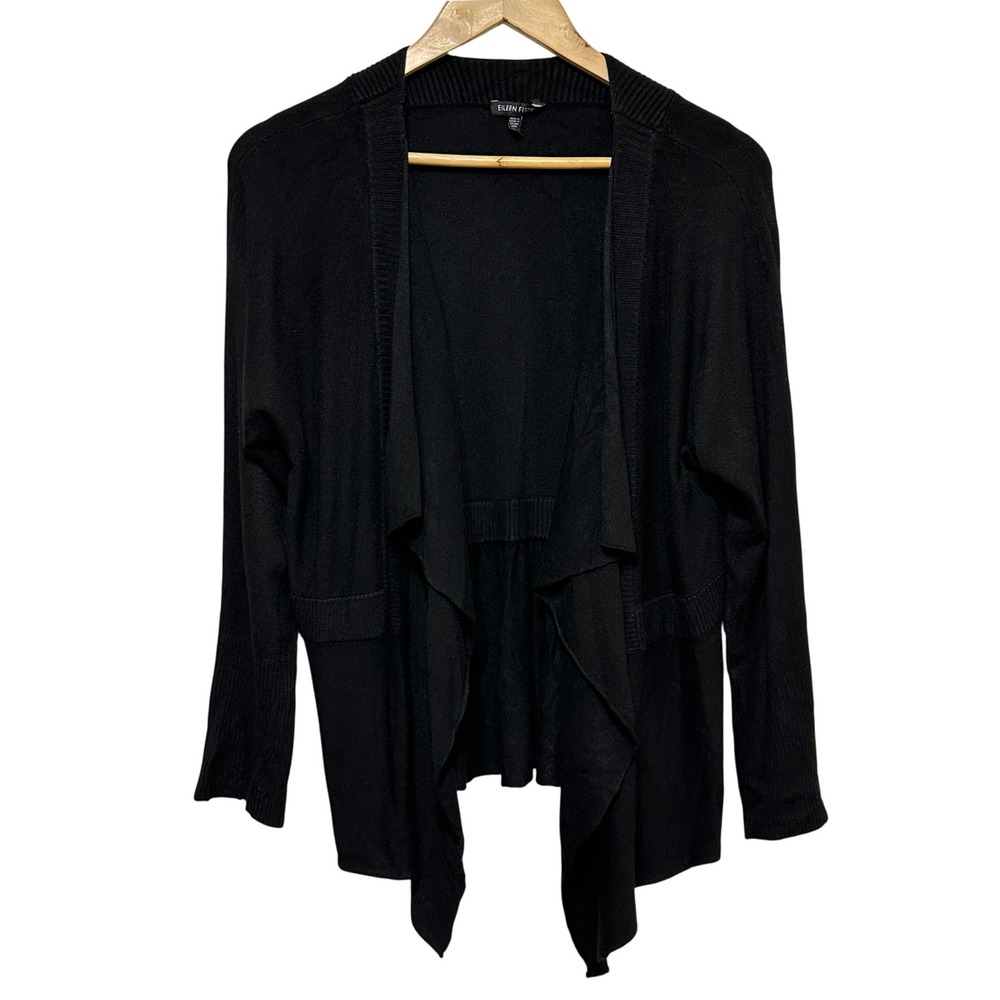 Eileen Fisher Waterfall Peplum Cardigan Womens Large Black Viscose Blend Knit